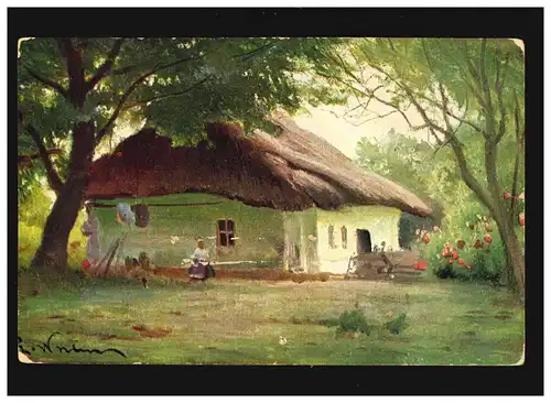 Agriculture ferme pré Reetdach femme fleurs peinture, inutilisé