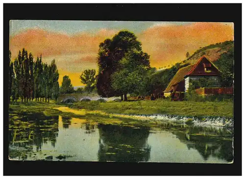 Landwirtschaft  Bauernhaus am Fluss Brücke Sonnenuntergang Malerei, ungebraucht