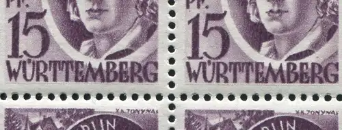 5 Freimarke 15 Pf als OR-Viererblock mit 2mal PLF I auf den Feldern 4 und 5, **