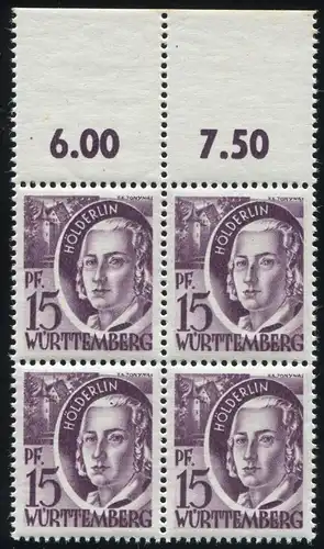 5 Freimarke 15 Pf als OR-Viererblock mit 2mal PLF I auf den Feldern 4 und 5, **