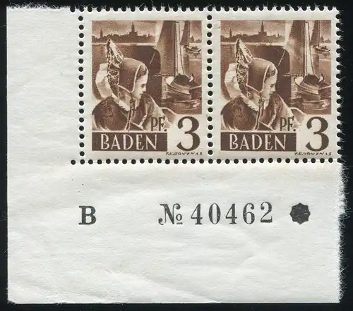 2 Freimarke 3 Pf. als Eckrandpaar unten links mit Bogennnummer und PLF IV, **