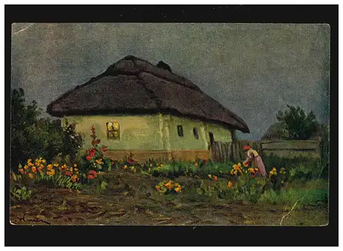 Landwirtschaft  Bauernhaus Reetdach Sommerabend, Malerei, Musen 30.10.1925