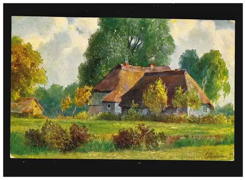 Landwirtschaft  Bauernhäuser Reetdach Bäume Wiesen Malerei, Netzschkau 9.12.1916