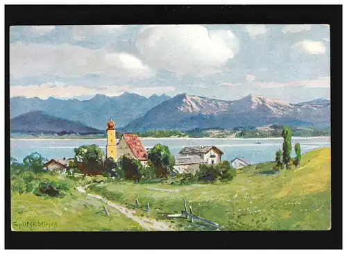 Agriculture Fermes Village Église Lac Montagnes Prairies Panorama, inutilisé