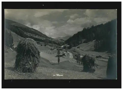 Landwirtschaft Heuernte Tal Berge Bauernhöfe im Glaris Schweiz, ungebraucht