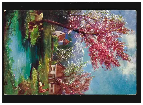 Landwirtschaft Bauernhäuser Dorf Kirche Fluss Kühe Kirschblüten, ungebraucht