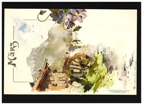Agriculture Moulin d'eau Montagnes Mühlrad Salutations mensuelles Mars Aquarelle, non utilisée