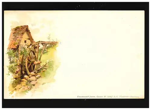 Landwirtschaft Mühle Bach Mühlrad Aquarell Zeichnung Kunstkarte, ungebraucht