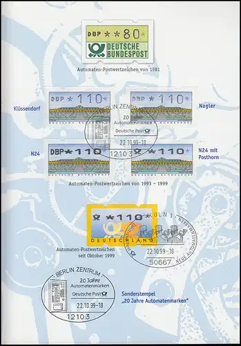 ATM EB 6/1999 - amtliches Erinnerungsblatt: MiNr. 2 (vier Typen) und MiNr. 3