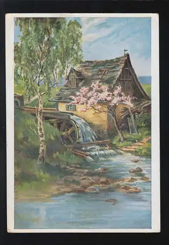 Landwirtschaft Mühle am Fluss Birken Kunstkarte Landschaft,  ungebraucht