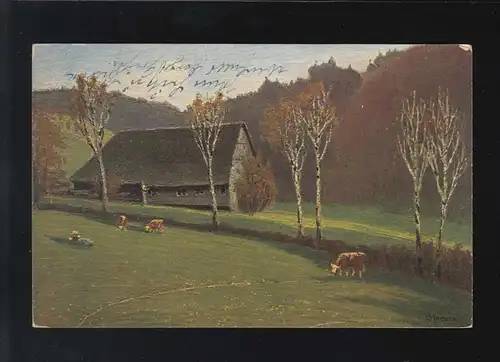 Landwirtschaft Bauernhaus mit Birken Malerei E.Harbers, Griesbach 7.8.1920