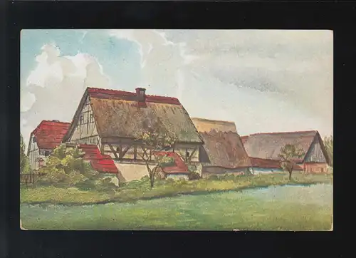 Landwirtschaft Bauernäuser Dorf Fachwerk Reetdach Fluss Maler Kunst, ungebraucht