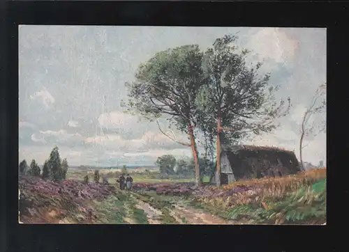 Landwirtschaft Bauernhaus Gehöft Heide Landschaft Malerei, ungebraucht 