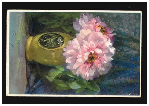 AK Blumen rosa Blüten Bouquet Vase Malerei Kunst Künstlerkarte, Cassel 4.2.20