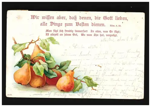 AK Fleurs Branche poires Bible Psaume Romains 8, Verse 28, Mellendorf 7.9.1911