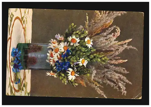 AK Blumen Strauß Kornblumen Margeriten Ähren Hopfen Vase, Vilsbiburg 30.6.1913