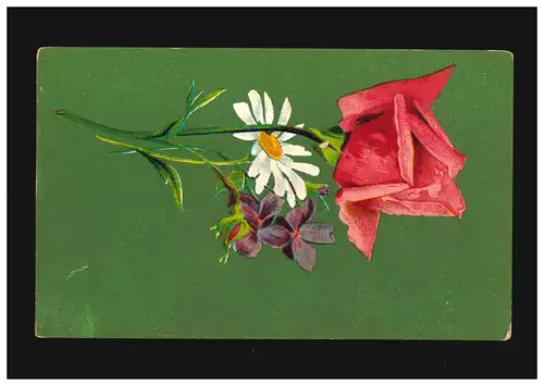 AK Blumen Strauß Rose Margerite Veilchen Knospe grüner Hintergrund, ungebraucht