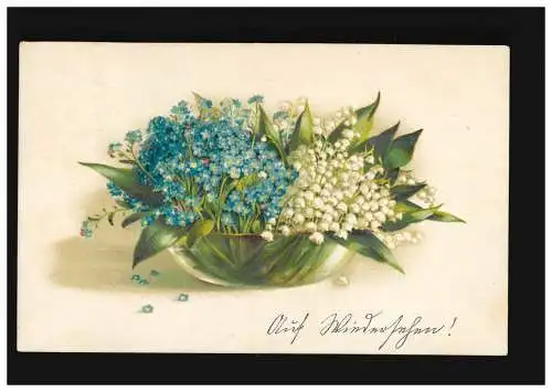 AK Blumen Schale Vergissmeinnicht Maiglöckchen Blüten, Klotzsche 1.8.1917