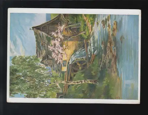 Agriculture moulin à eau moulin fleur de cerisier bouleau aquarelle art, non utilisé