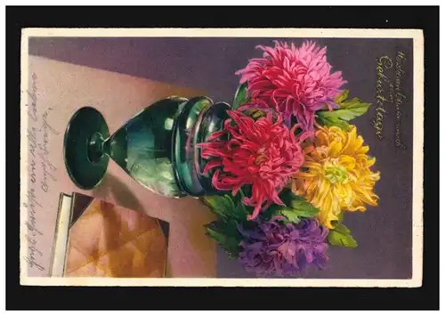 AK Blumen Chrysanthemen Strauß Vase Glückwunsch Geburtstag, Landsberg 23.8.1940