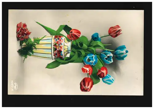 AK Blumen rote und blaue Tulpen Strauß Vase Stilleben, gelaufen 26.4.1928