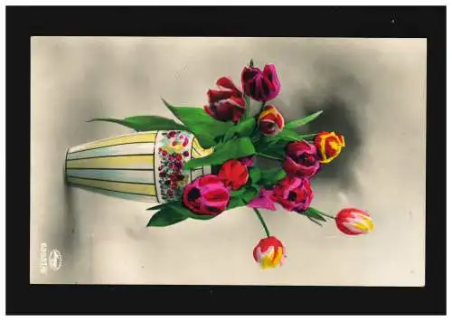 AK Blumen bunte Tulpen Strauß Stillleben Vase, Tettnang 9.9.1932