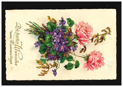 AK Fleurs roses Roses violettes Autruches Meilleurs vœux Nom, Mur 9.9.1932