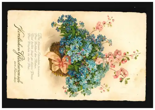 AK Fleurs Panier Fleurs roses boucle Félicitations Nom, Wiesbaden 9.3.1929