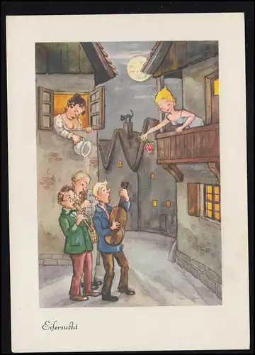 AK Karikatur Ständchen Musikanten Angebetete Eifersucht Nachttopf, ungebraucht