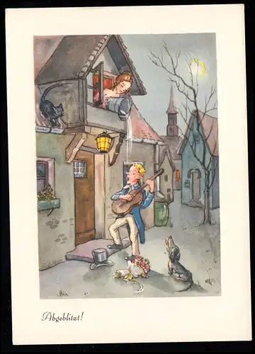 AK Karikatur Ständchen Frau schüttet Wasser herunter abgeblitzt, ungebraucht