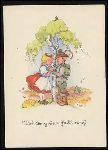 AK Karikatur Kunstkarte Liesel Lauterborn Kinder grüne Birke, ungebraucht