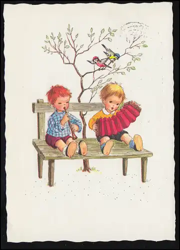 AK Caricature Enfants Instruments Flûte Zhummonika Bank, Nuremberg 20.4.1962