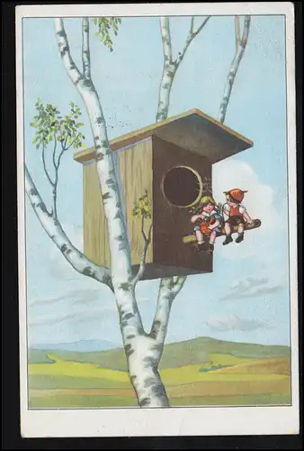 AK Karikatur Däumlinge / Zwerge auf der Stange eines Vogelhauses, Wien 11.12.22