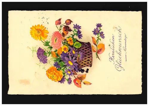 AK Blumen Korb Sommerblumen Gelb Lila Glückwunsch Namenstag, Simbach 23.11.1938