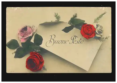 AK Blumen Buone Feste rote  rosa Rosen Brief, Servola Triest (Skedeno) 1911