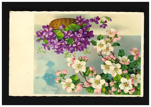 AK Blumen Blütenzweige Apfel, Weidenkorb mit Veilchen, gelaufen Niederlande 1936