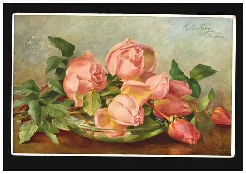 AK Blumen Rosen Glasschale Stillleben Marie Billing signiert, Uhingen 7.7.1910