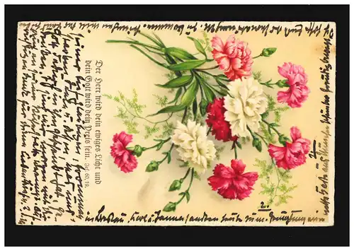 AK Blumen weiss rot Nelken, Der Herr wird dein ewiges Licht , Breslau 5.8.1936