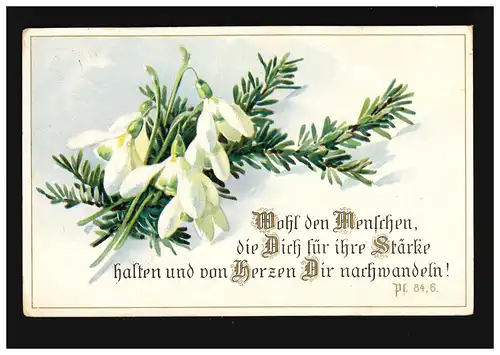 AK Fleurs Bouquet de neige Reisig Bien-être aux gens Psaume 84, Stuttgart 25.2.1928