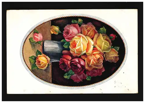 AK Blumen graue Vase rosa gelb rote Rosen Rahmen, Remse (Sachsen) 11.4.1925