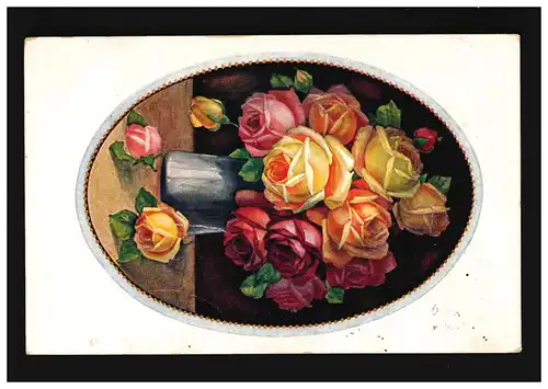 AK fleurs vase gris rose jaune rouge rose cadre, Remse (Saxe) 11.4.1925