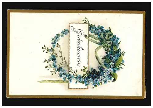 AK Blumen Kranz Vergissmeinnicht Band Gedenke Mein Art Deco, Kirchdorf 29.6.1920