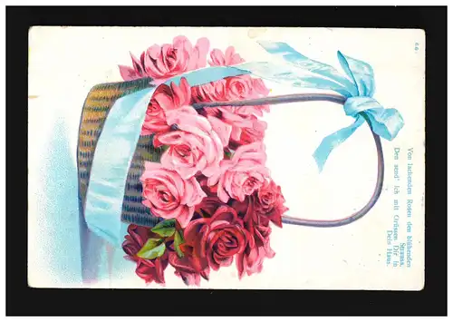 AK Fleurs Panier bleu Band Roses rouges De roses rigolantes, Inneringen 23.9.1908