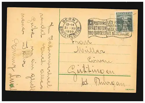 AK Blumen Veilchen Bouqet grüne Schleife Briefexpedition, Bern 31.12.1920
