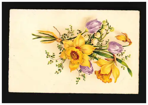 AK Blumen Strauß gelbe Narzissen und lila Tulpen, Oldenburg 14.2.1938