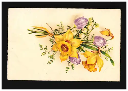 AK fleurs bouquet narcisses jaunes et tulipes violettes, Oldenburg 14.2.1938