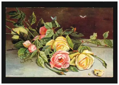 AK Blumen Rosen Stillleben L.G.Reckling, Crefeld/Hamm Bahnpost 3.9.1912 