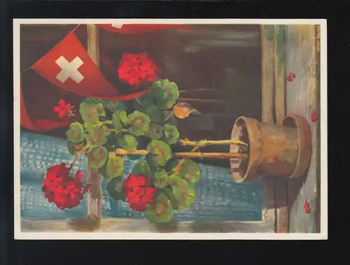 AK Fleurs Pot de géraniums rouges Fenêtres Suisse Carte de fête fédérale 1938, non utilisé