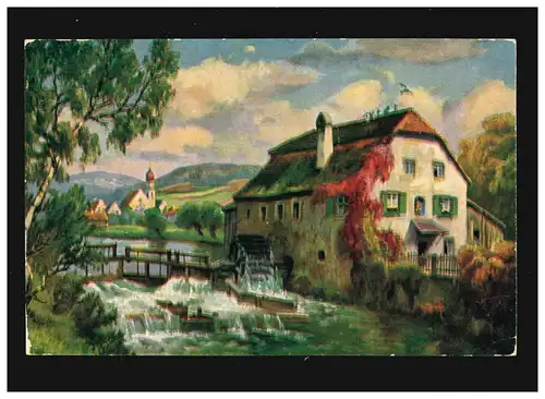 Agriculture moulin rivière Steg Wehr arbres village paysage peinture , non utilisé