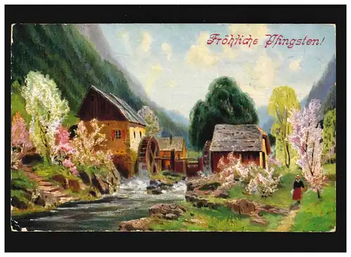 Landwirtschaft Mühle Fluss Mühlrad Blüten Fröhliche Pfingsten, München 10.5.1913